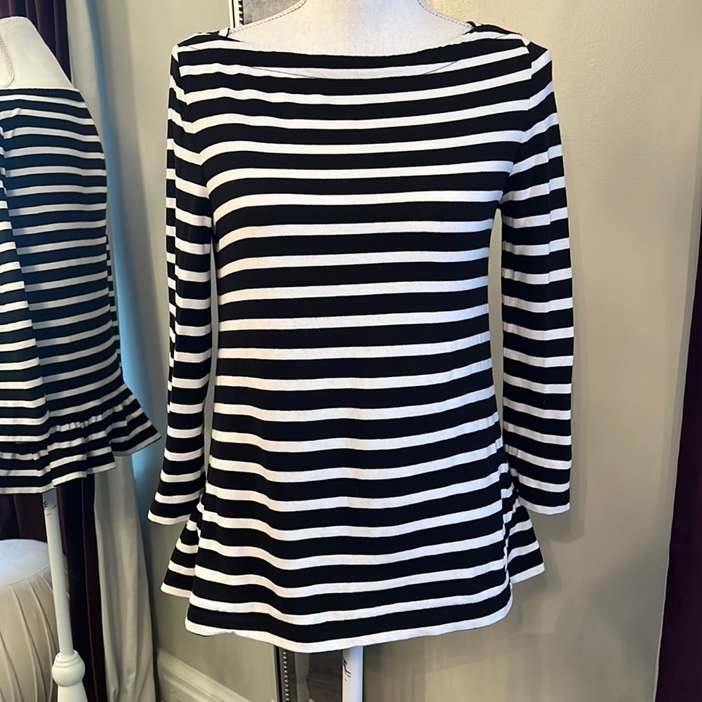 Kate Spade Broome Street 3/4 Sleeve Black & White Striped Ruffle Top Size Small